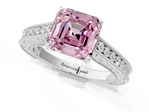 White gold Fancy Pink Asscher Cut Cut Pave Band Milgrain Solitaire Ring_1