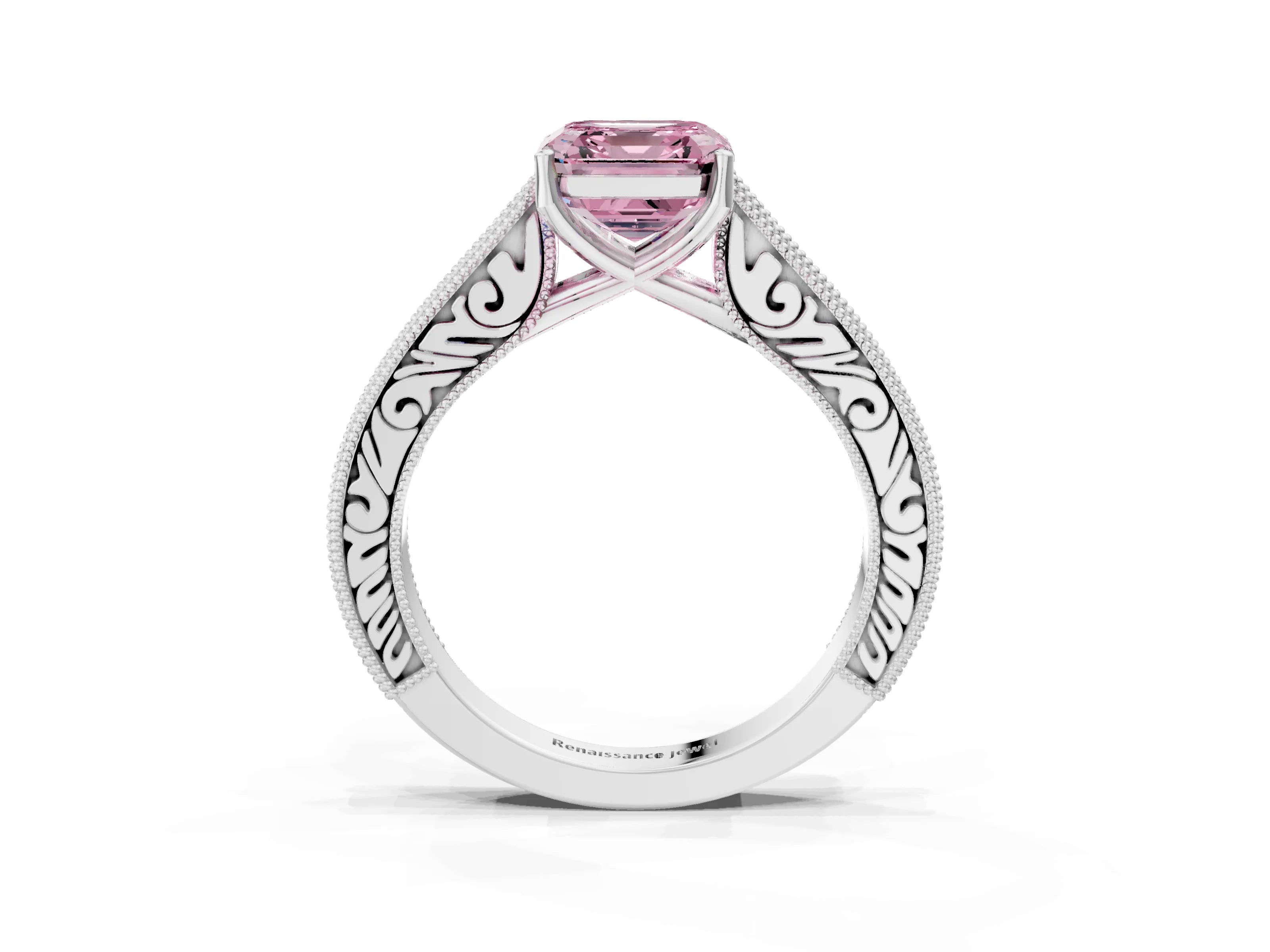 White gold Fancy Pink Asscher Cut Cut Pave Band Milgrain Solitaire Ring_3
