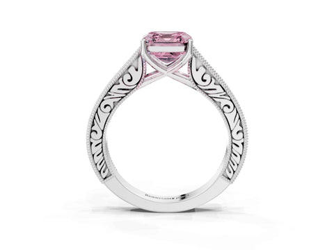 White gold Fancy Pink Asscher Cut Cut Pave Band Milgrain Solitaire Ring_3