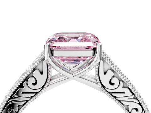 White gold Fancy Pink Asscher Cut Cut Pave Band Milgrain Solitaire Ring_4