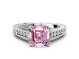 White gold Fancy Pink Asscher Cut Cut Pave Band Milgrain Solitaire Ring