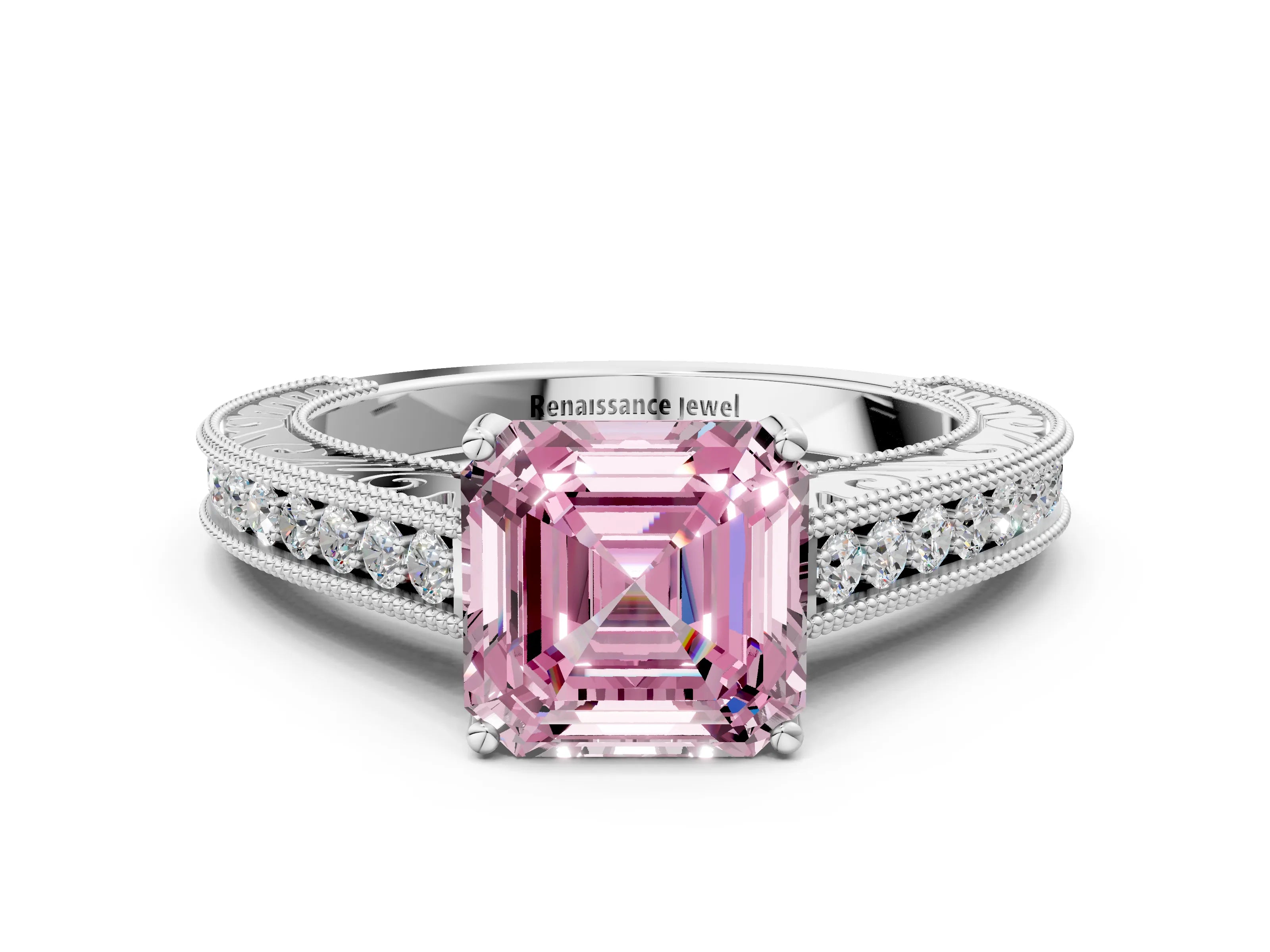 White gold Fancy Pink Asscher Cut Cut Pave Band Milgrain Solitaire Ring