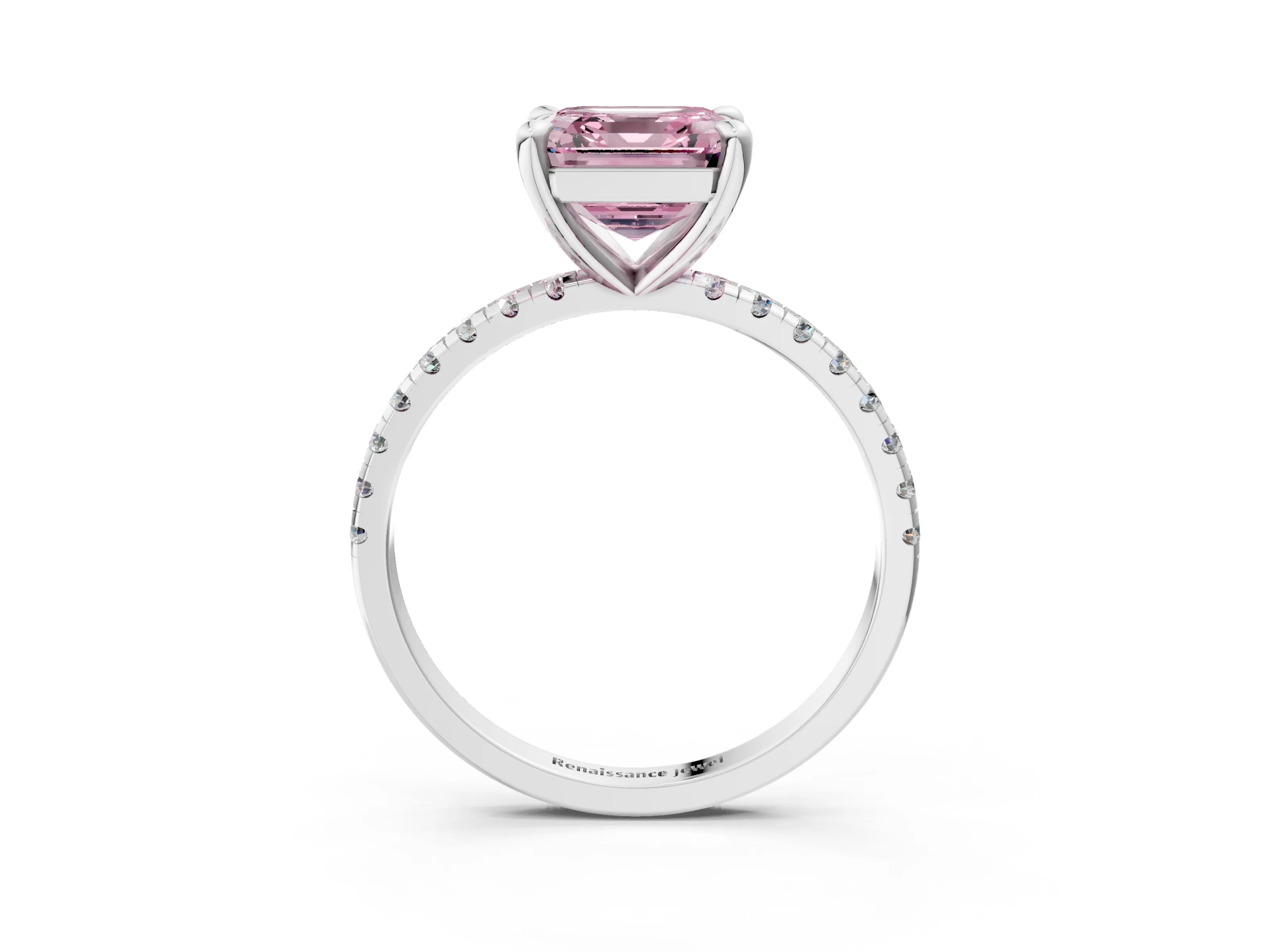 White gold Fancy Pink Asscher Cut Diamond Brilliant Solitaire Ring with Pavé Band and Four-Prong Setting_3