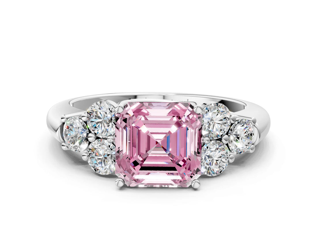 White gold Fancy Pink Asscher  Cut Diamond Cluster Ring with Round Accent Stones and Prong Setting on a Classic Band_51