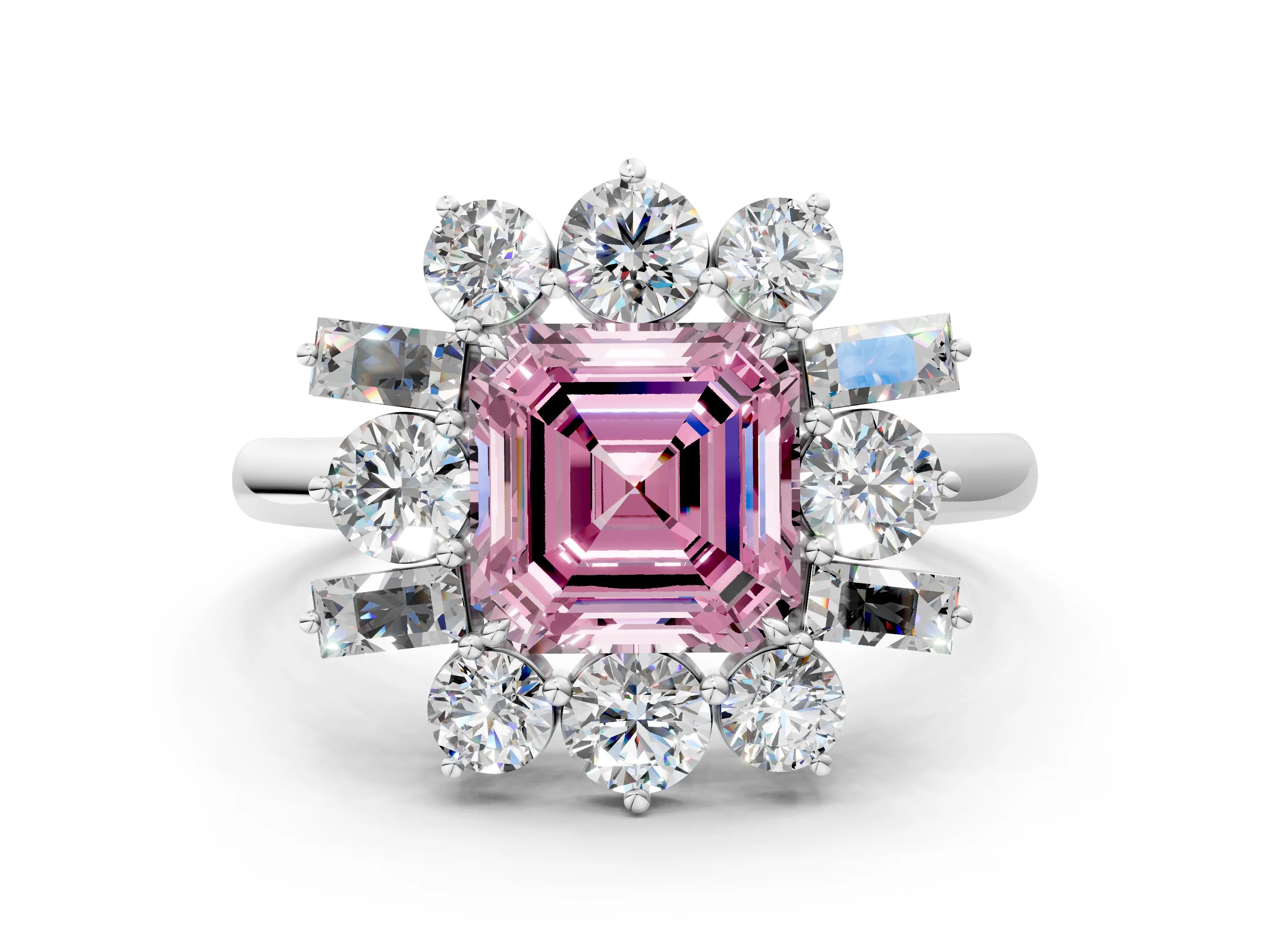 White gold Fancy Pink Asscher Cut Diamond Cluster Ring with Round and Baguette Stones, Split Shank Band, Prong Setting