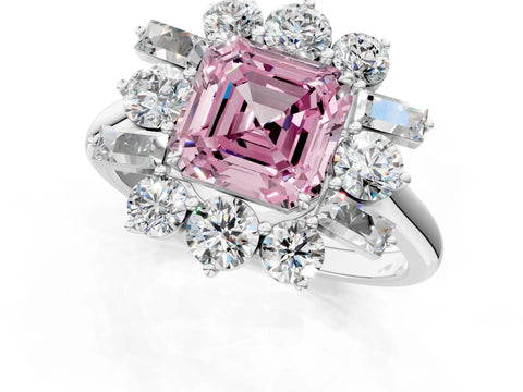 White gold Fancy Pink Asscher Cut Diamond Cluster Ring with Round and Baguette Stones, Split Shank Band, Prong Setting_13