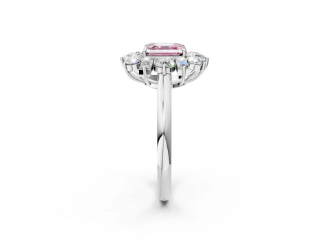 White gold Fancy Pink Asscher Cut Diamond Cluster Ring with Round and Baguette Stones, Split Shank Band, Prong Setting_14
