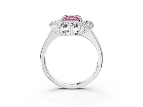 White gold Fancy Pink Asscher Cut Diamond Cluster Ring with Round and Baguette Stones, Split Shank Band, Prong Setting_15