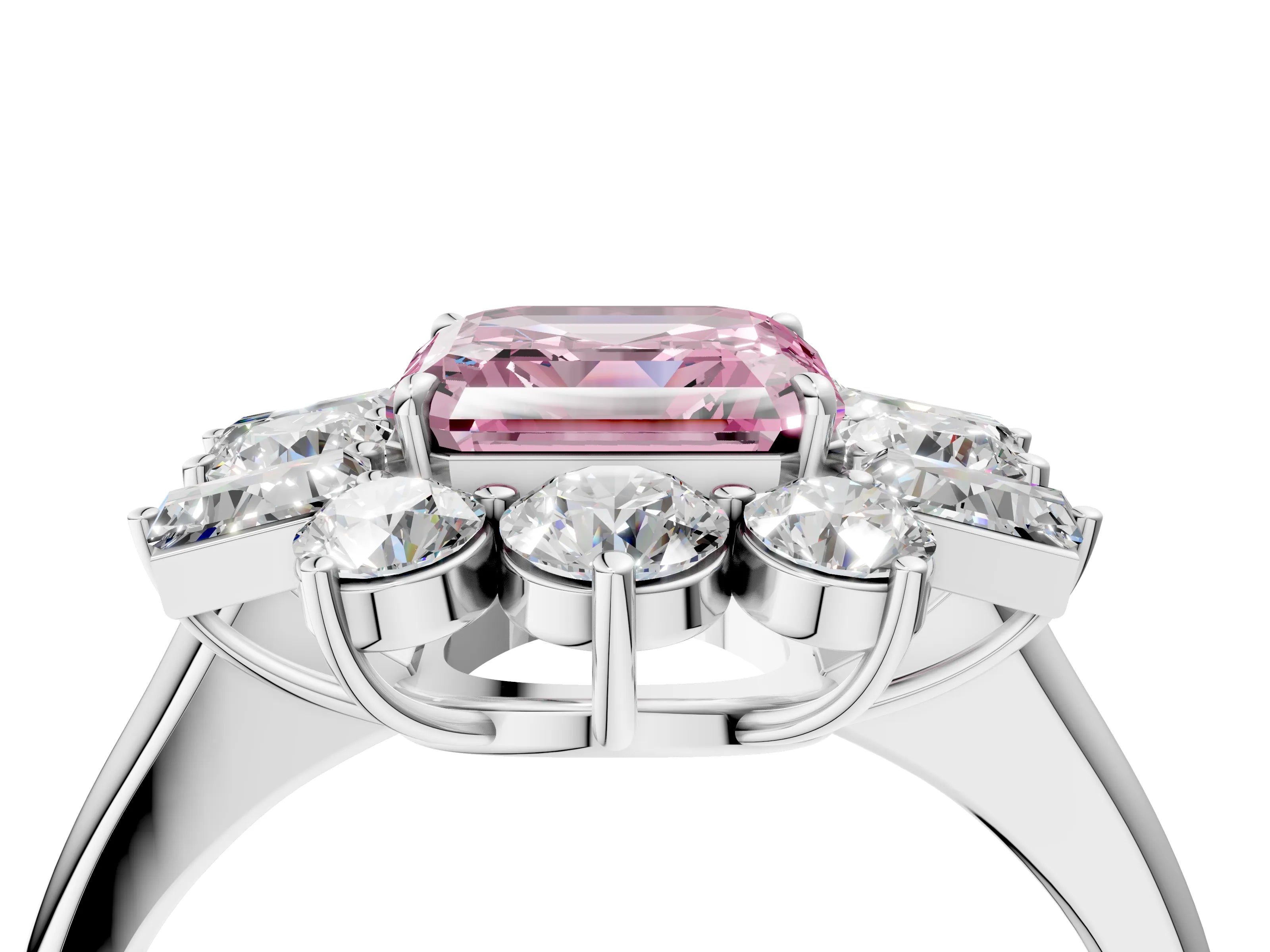 White gold Fancy Pink Asscher Cut Diamond Cluster Ring with Round and Baguette Stones, Split Shank Band, Prong Setting_16