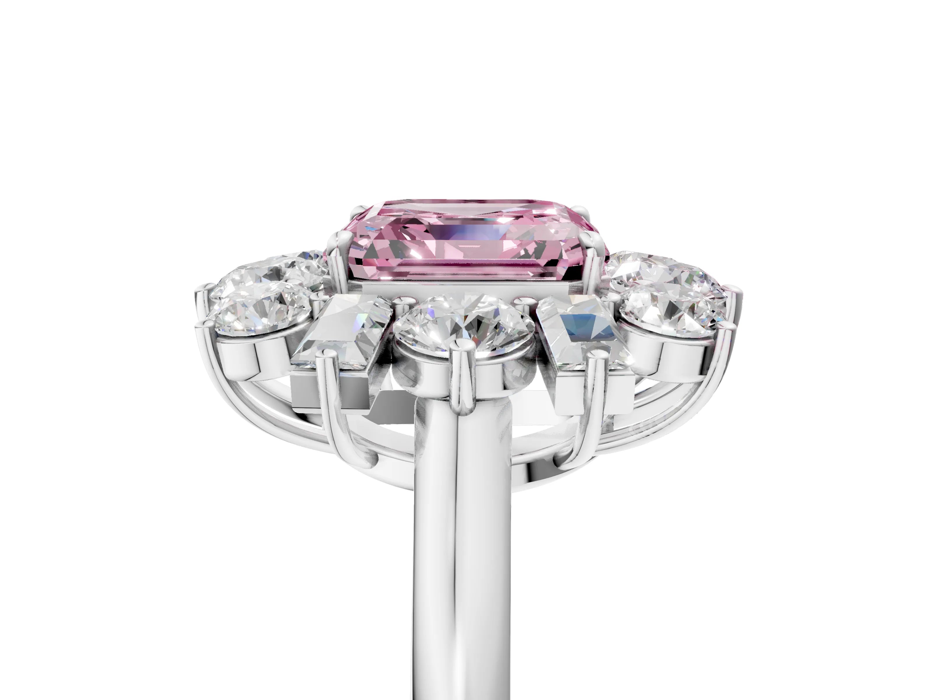 White gold Fancy Pink Asscher Cut Diamond Cluster Ring with Round and Baguette Stones, Split Shank Band, Prong Setting_17