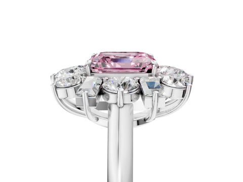 White gold Fancy Pink Asscher Cut Diamond Cluster Ring with Round and Baguette Stones, Split Shank Band, Prong Setting_17
