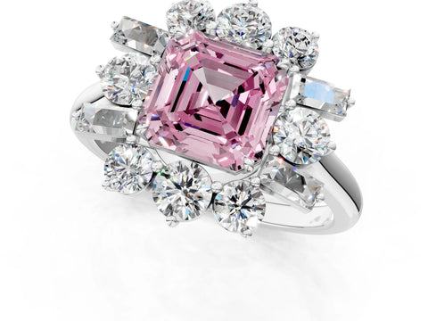White gold Fancy Pink Asscher Cut Diamond Cluster Ring with Round and Baguette Stones, Split Shank Band, Prong Setting_1
