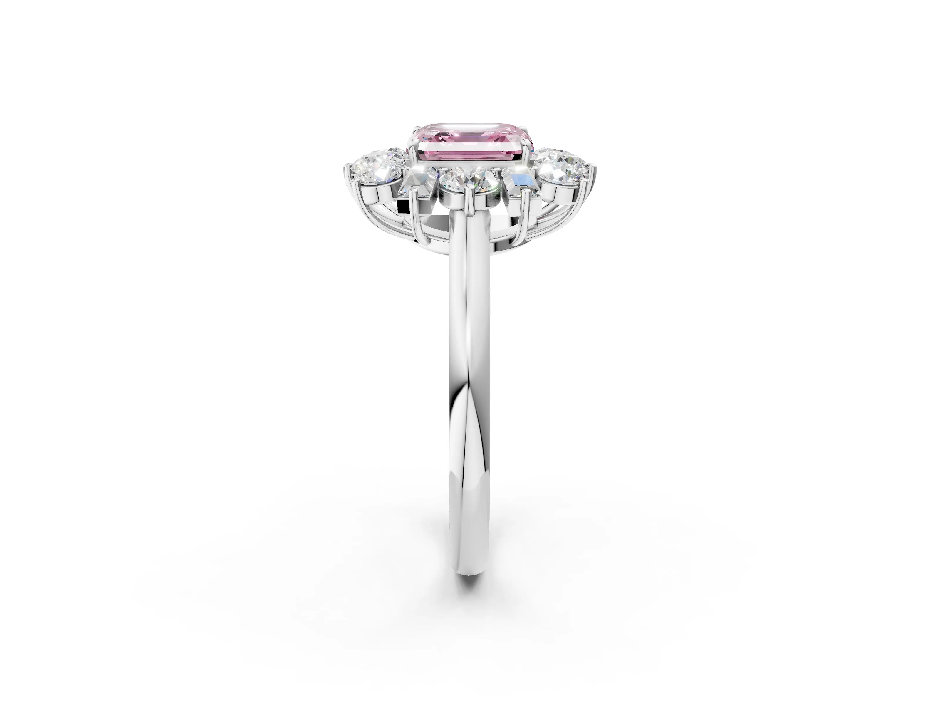 White gold Fancy Pink Asscher Cut Diamond Cluster Ring with Round and Baguette Stones, Split Shank Band, Prong Setting_2
