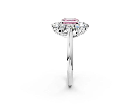 White gold Fancy Pink Asscher Cut Diamond Cluster Ring with Round and Baguette Stones, Split Shank Band, Prong Setting_2