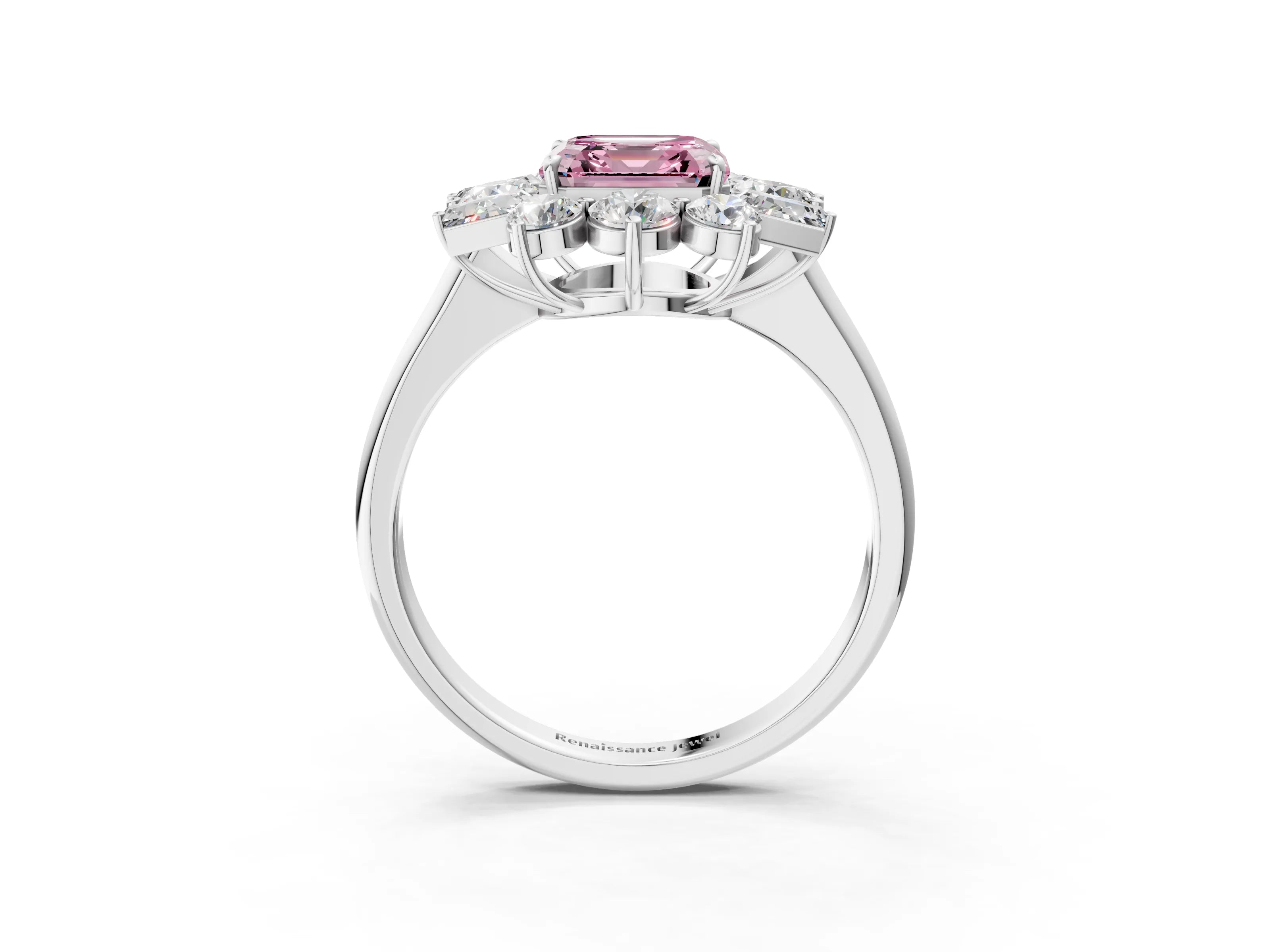 White gold Fancy Pink Asscher Cut Diamond Cluster Ring with Round and Baguette Stones, Split Shank Band, Prong Setting_3