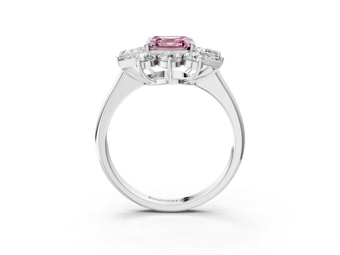 White gold Fancy Pink Asscher Cut Diamond Cluster Ring with Round and Baguette Stones, Split Shank Band, Prong Setting_3