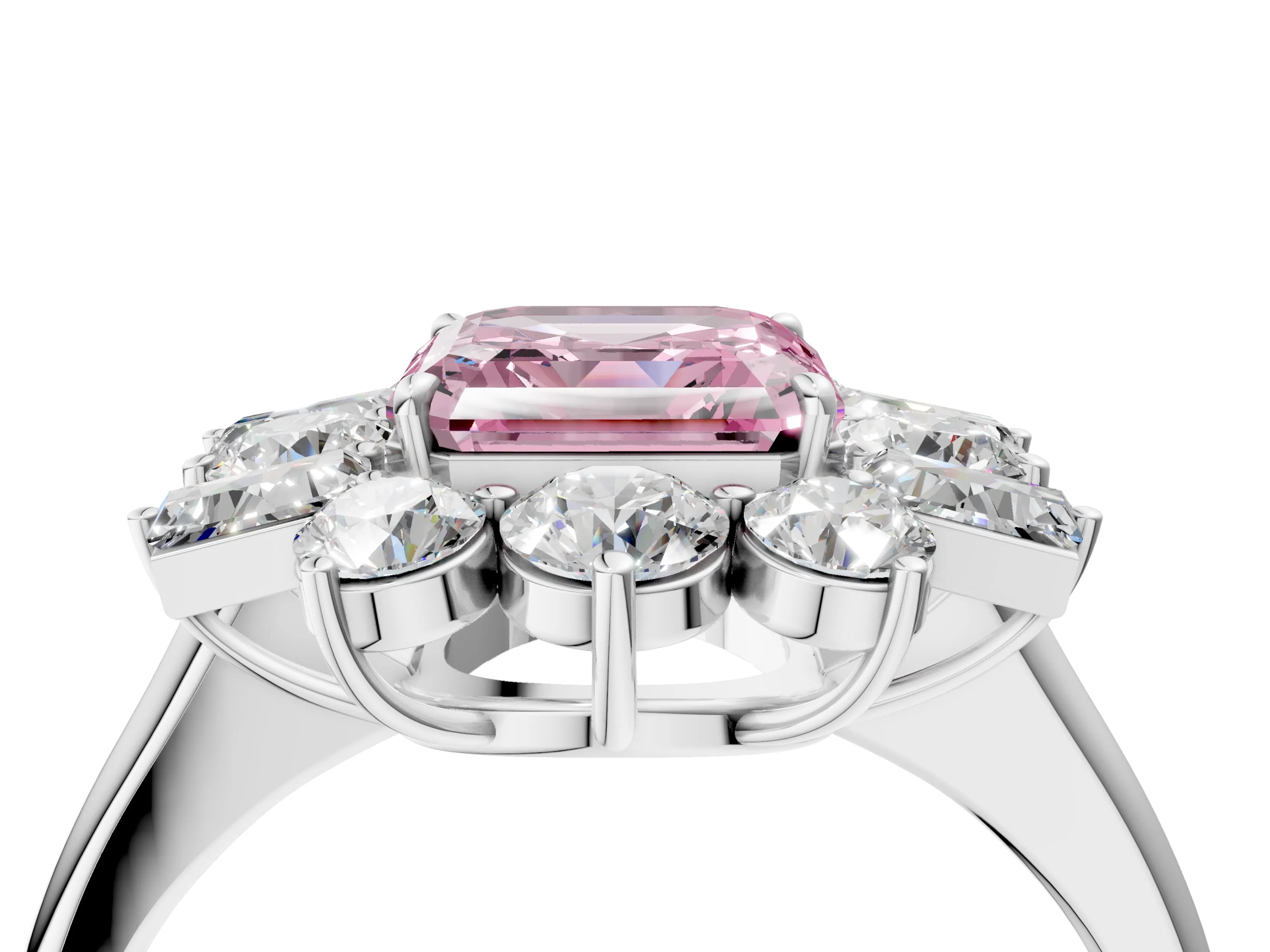 White gold Fancy Pink Asscher Cut Diamond Cluster Ring with Round and Baguette Stones, Split Shank Band, Prong Setting_4