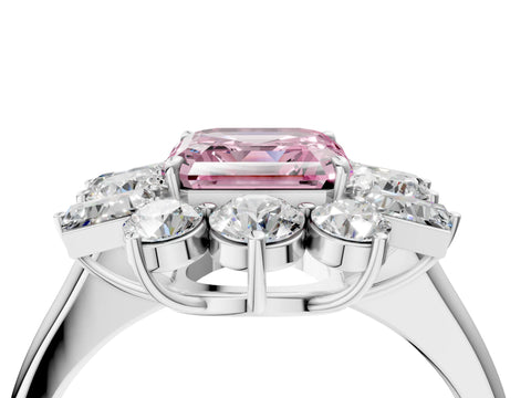 White gold Fancy Pink Asscher Cut Diamond Cluster Ring with Round and Baguette Stones, Split Shank Band, Prong Setting_4