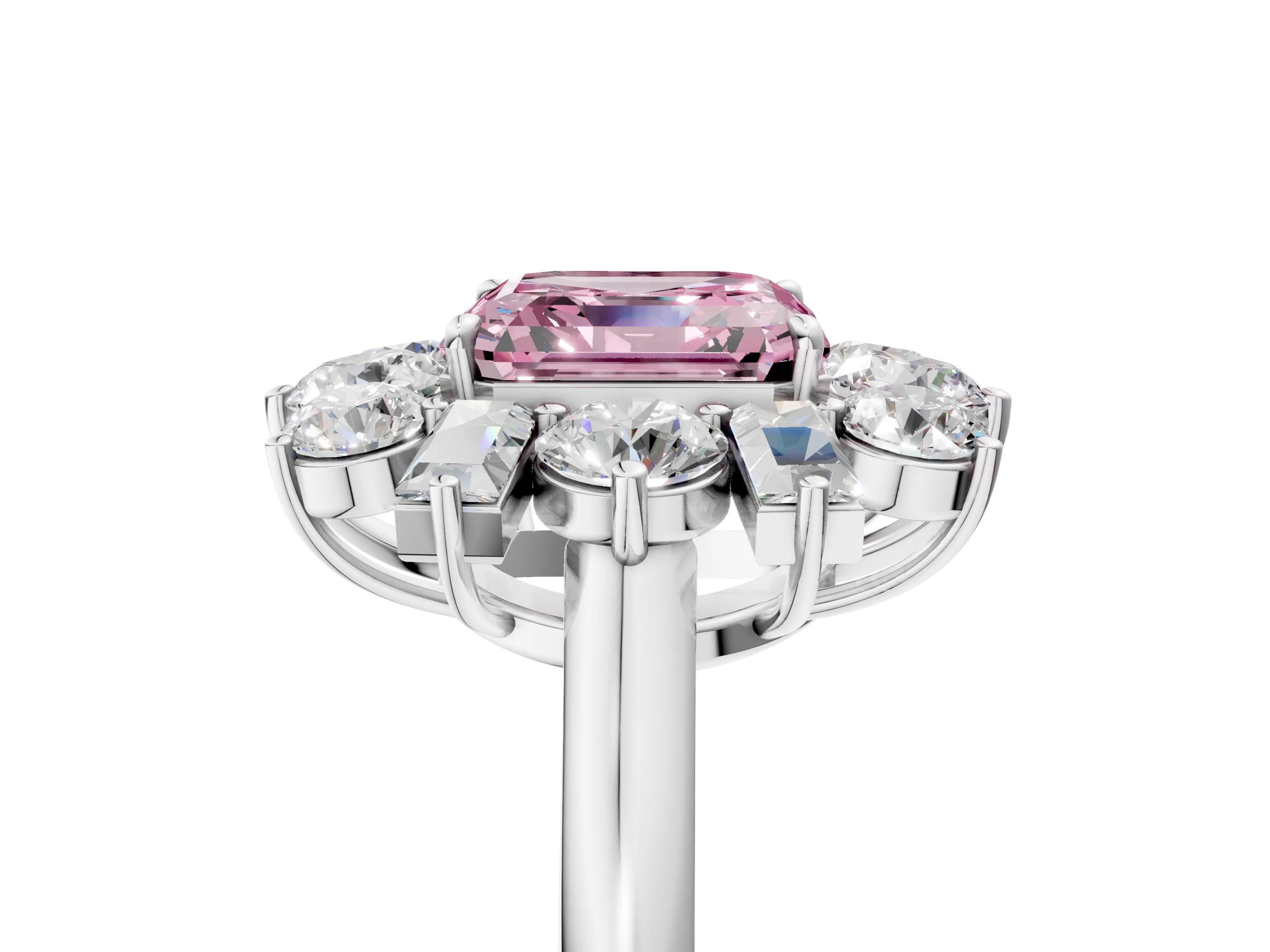 White gold Fancy Pink Asscher Cut Diamond Cluster Ring with Round and Baguette Stones, Split Shank Band, Prong Setting_5