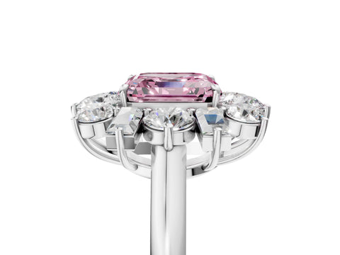 White gold Fancy Pink Asscher Cut Diamond Cluster Ring with Round and Baguette Stones, Split Shank Band, Prong Setting_5