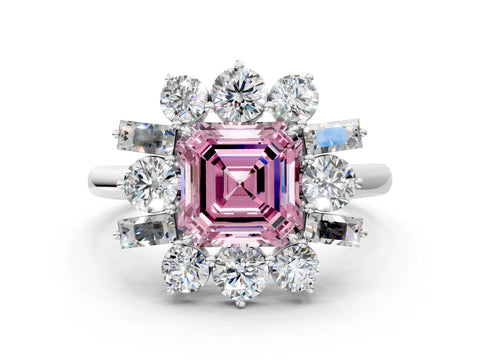 White gold Fancy Pink Asscher Cut Diamond Cluster Ring with Round and Baguette Stones, Split Shank Band, Prong Setting