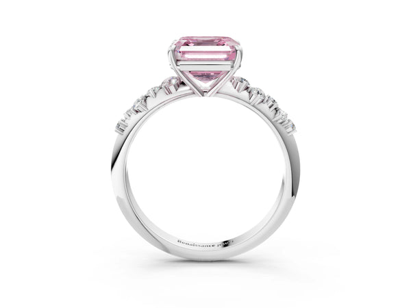White Gold Asscher Cut Graduated Cluster Engagement Ring Setting for Fancy Pink Center