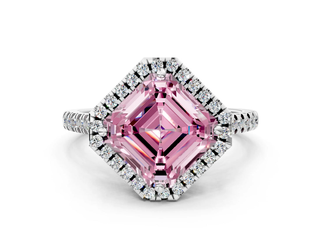 White gold Fancy Pink Asscher Cut Diamond Cushion Halo Ring with Pavé Band_12