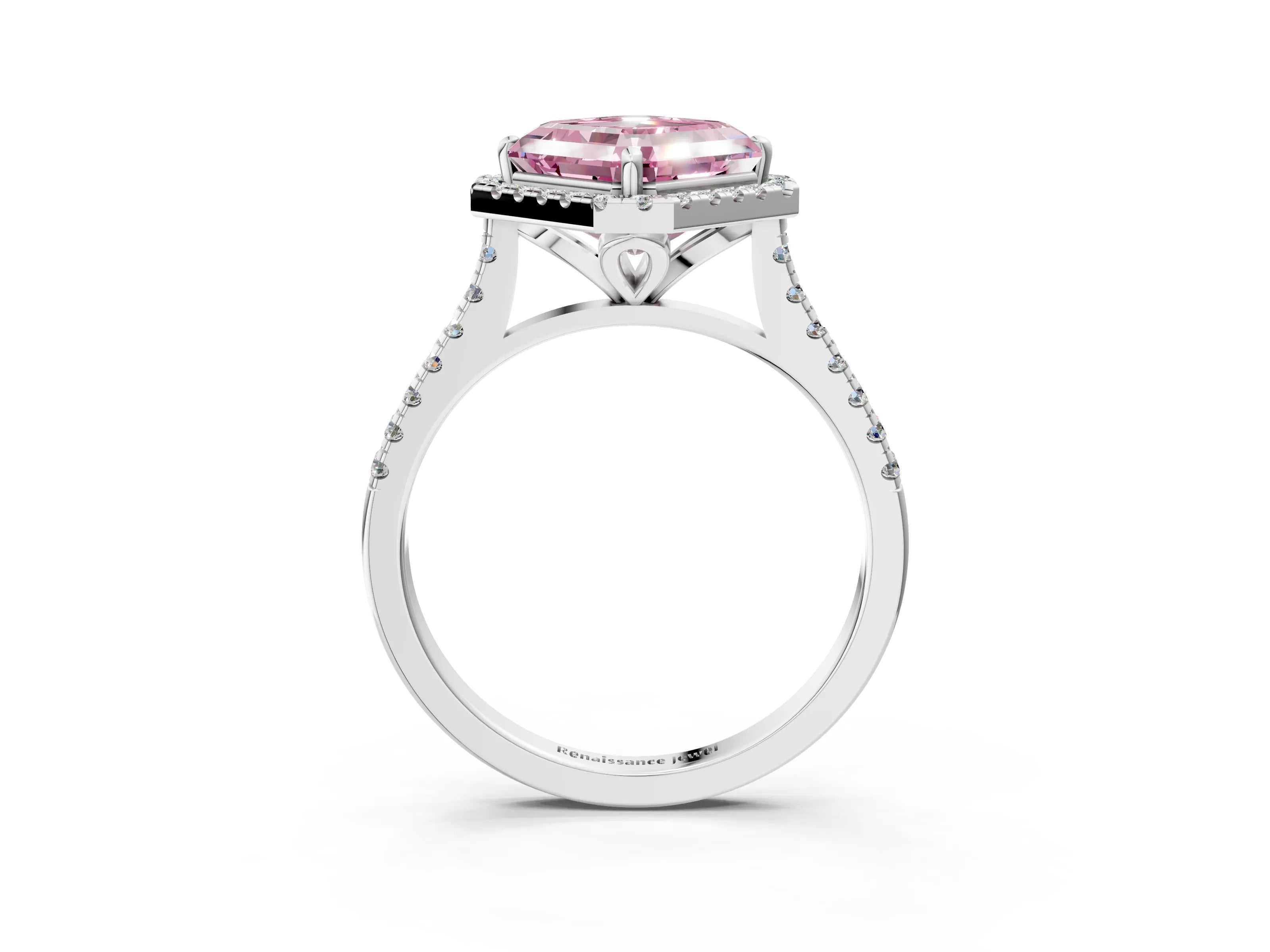 White gold Fancy Pink Asscher Cut Diamond Cushion Halo Ring with Pavé Band_15