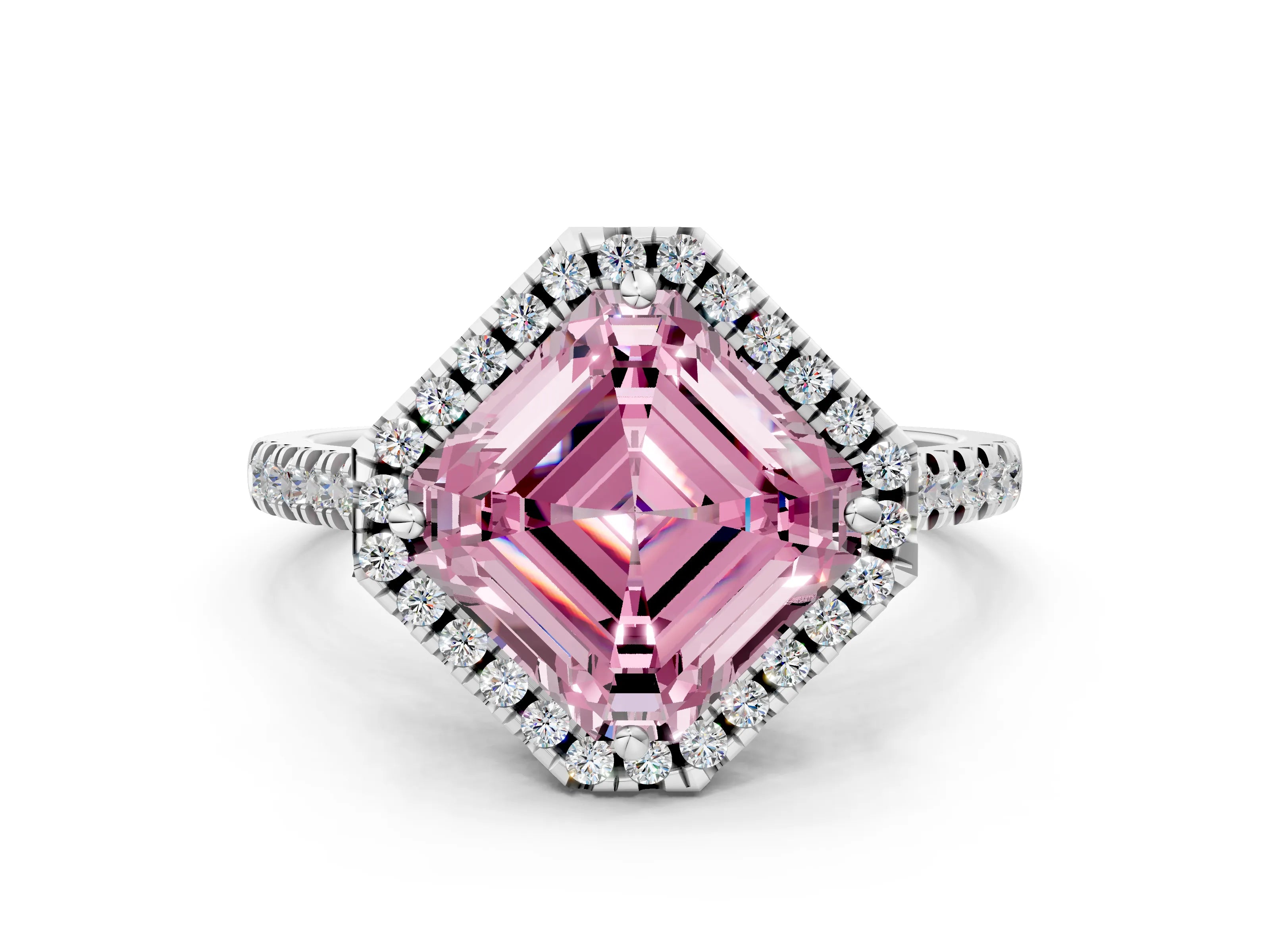 White gold Fancy Pink Asscher Cut Diamond Cushion Halo Ring with Pavé Band_24