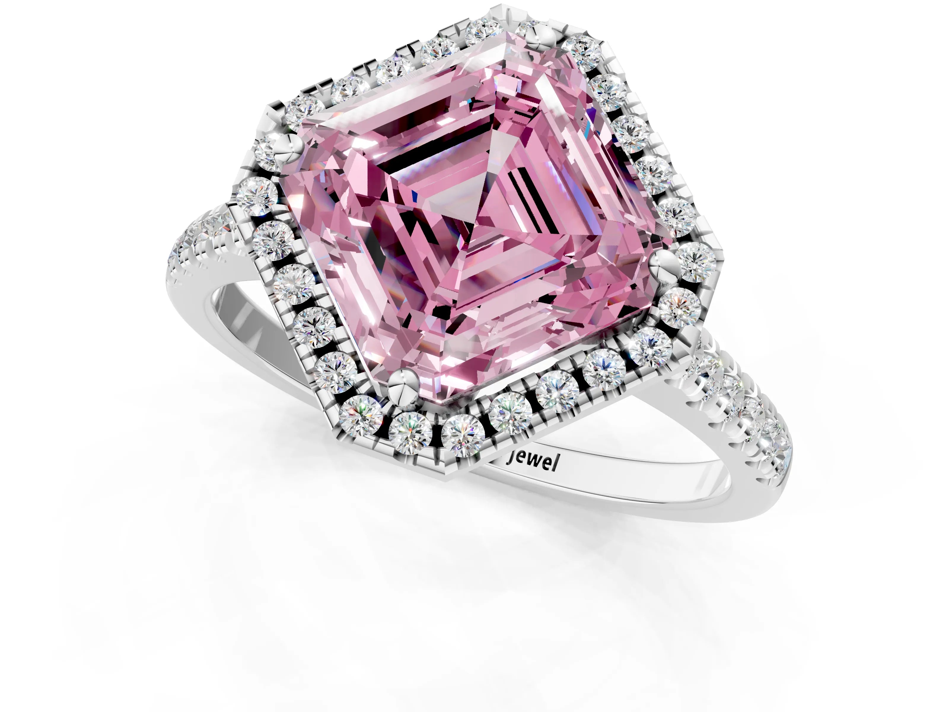 White gold Fancy Pink Asscher Cut Diamond Cushion Halo Ring with Pavé Band_25