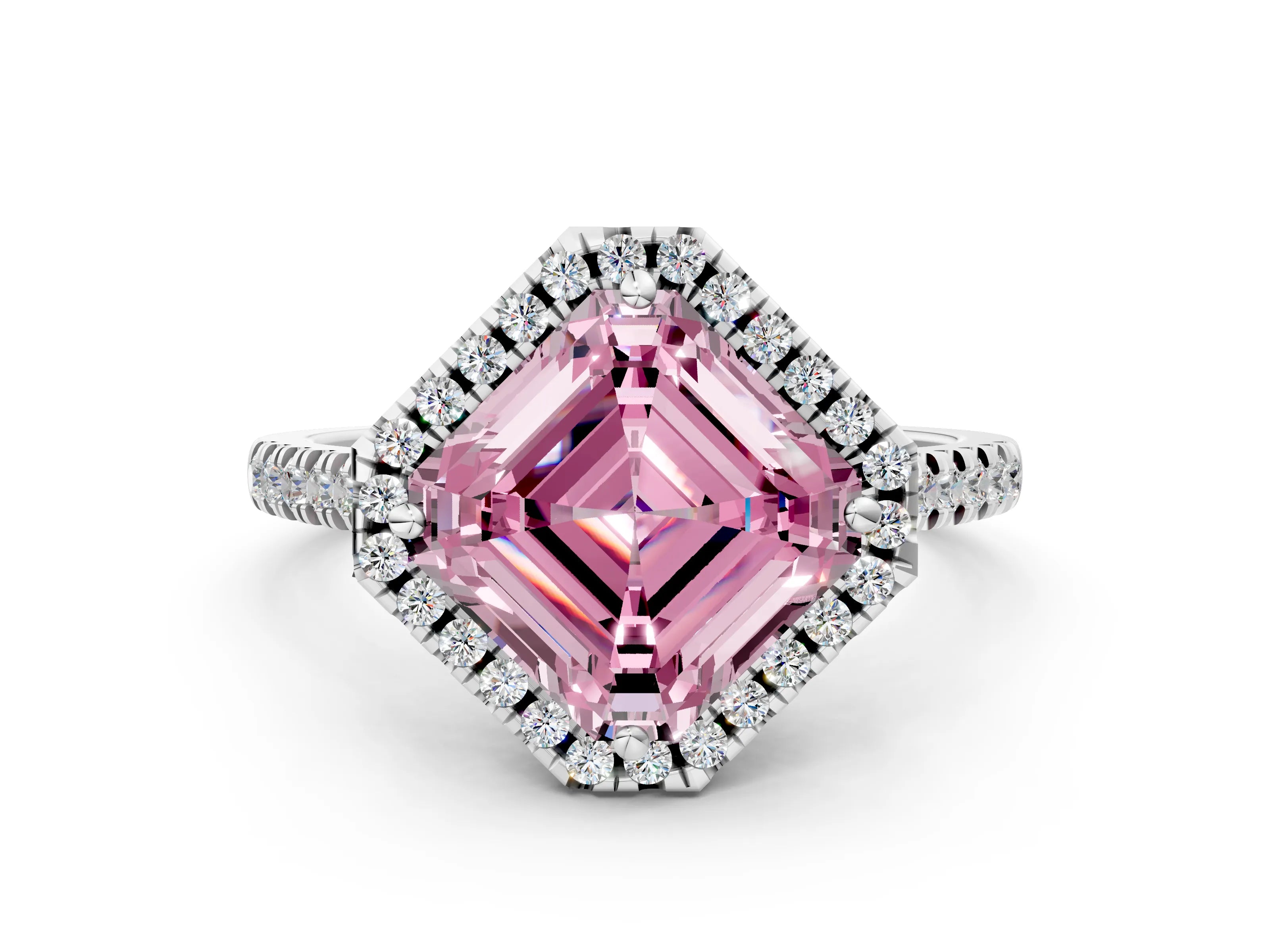 White gold Fancy Pink Asscher Cut Diamond Cushion Halo Ring with Pavé Band