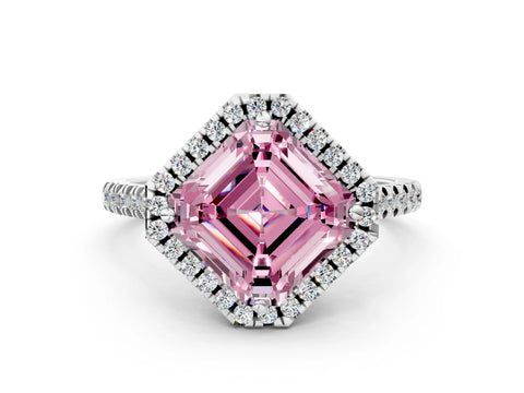 White gold Fancy Pink Asscher Cut Diamond Cushion Halo Ring with Pavé Band