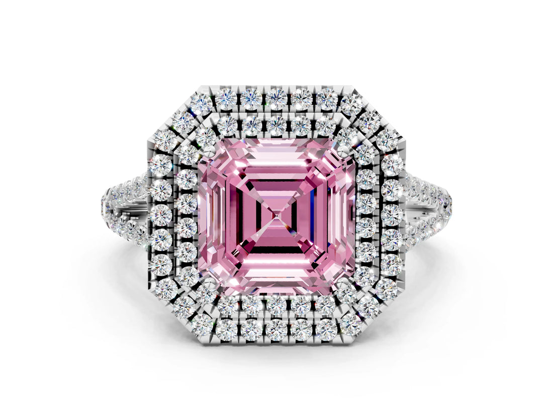 White gold Fancy Pink Asscher Cut Diamond Double Halo Ring with Pavé Band and Prong Setting_65