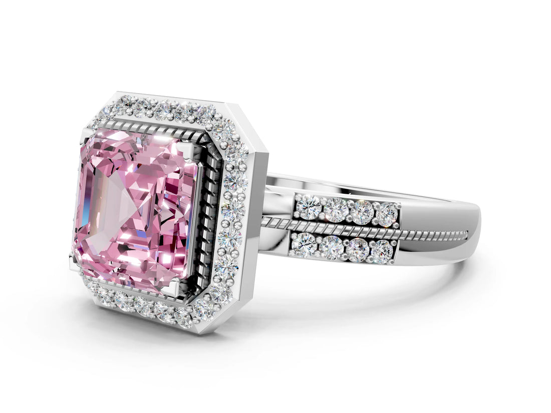 White gold Fancy Pink Asscher Cut Diamond Double Halo Ring with Split Shank and Four-Prong Setting