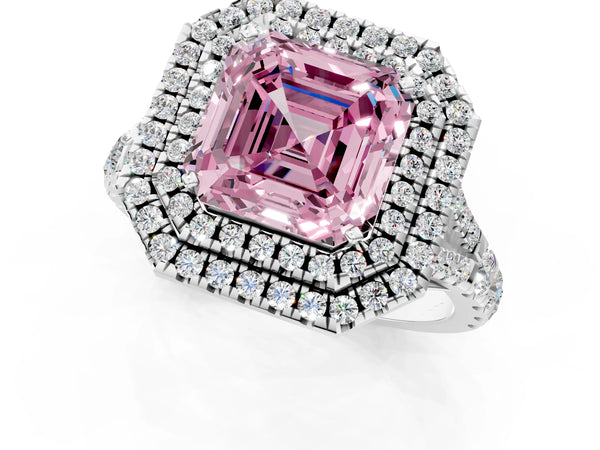 Platinum Asscher Cut Double Halo Split Shank Engagement Ring Setting for Fancy Pink Center