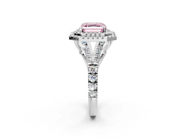 Platinum Asscher Cut Double Halo Split Shank Engagement Ring Setting for Fancy Pink Center