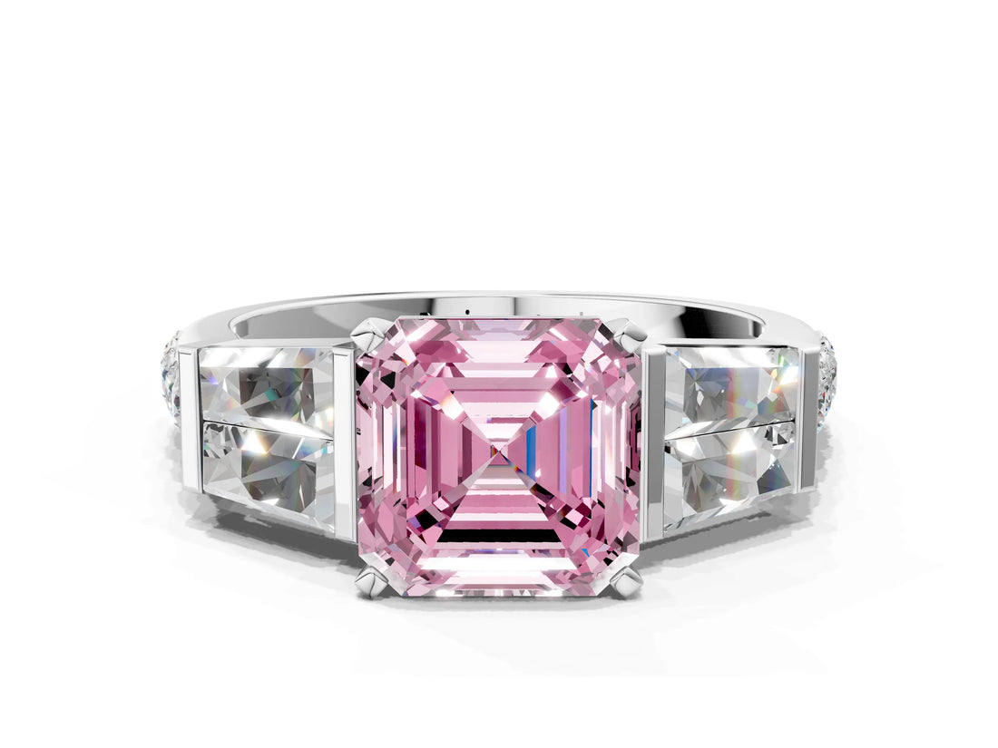 White gold Fancy Pink Asscher Cut Diamond Engagement Ring with Baguette Side Stones and Channel Set Band_16
