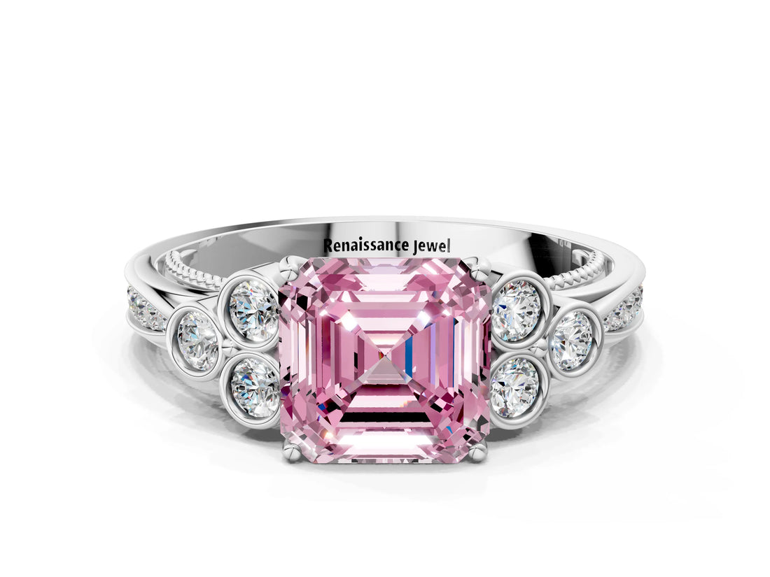 White gold Fancy Pink Asscher  Cut Diamond Engagement Ring with Bezel Set Round Side Stones and Prong Setting_49