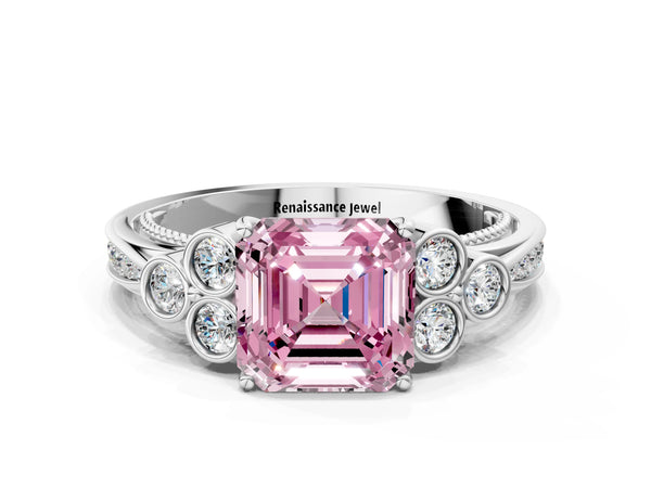 Platinum Asscher Cut Engagement Ring Setting for Fancy Pink Center with Bezel-Set Shoulder Clusters
