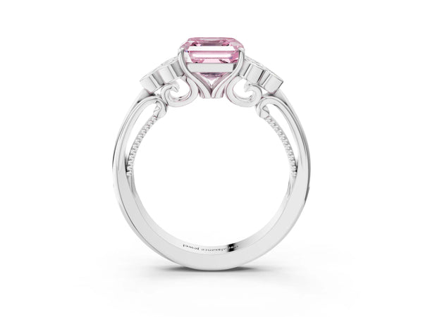 Platinum Asscher Cut Engagement Ring Setting for Fancy Pink Center with Bezel-Set Shoulder Clusters