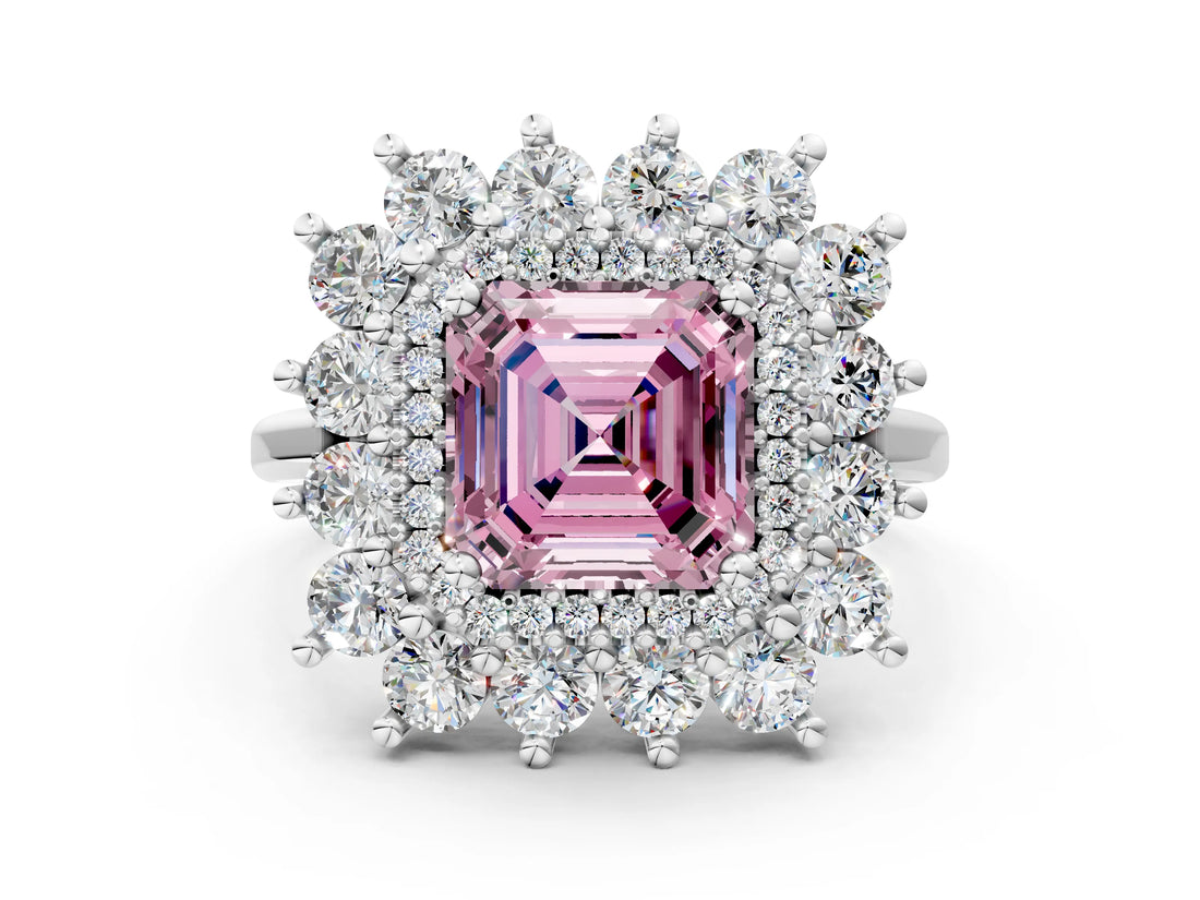 White gold Fancy Pink Asscher Cut Diamond Floral Double Halo Engagement Ring with Prong Setting