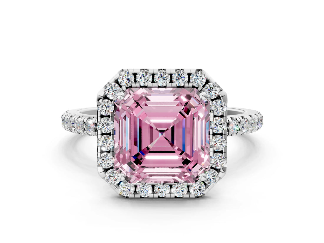 White gold Fancy Pink Asscher  Cut Diamond Floral Halo Engagement Ring with Pavé Band and Prong Setting_29