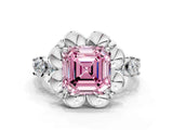 White gold Fancy Pink Asscher  Cut Diamond Floral Halo Engagement Ring with Shared Prong Setting 1