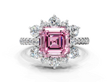 White gold Fancy Pink Asscher  Cut Diamond Floral Halo Pave Band with Prong Setting