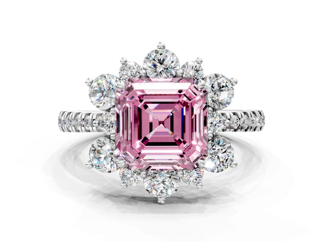 White gold Fancy Pink Asscher  Cut Diamond Floral Halo Pave Band with Prong Setting