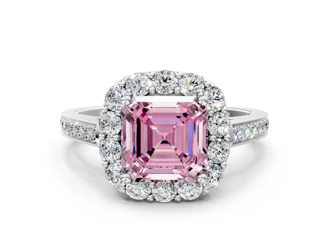 White gold Fancy Pink Asscher Cut Diamond Floral Halo Ring with Pavé Band and Prong Setting_7