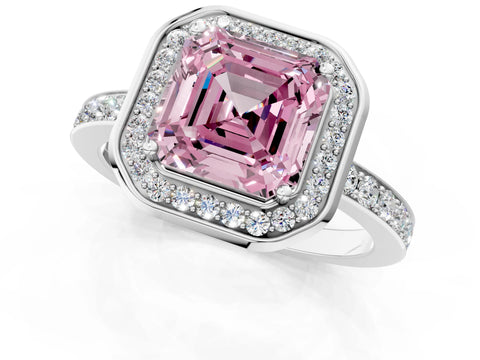 White gold Fancy Pink Asscher Cut Diamond Halo Ring with Bezel Frame and Pavé Band_1