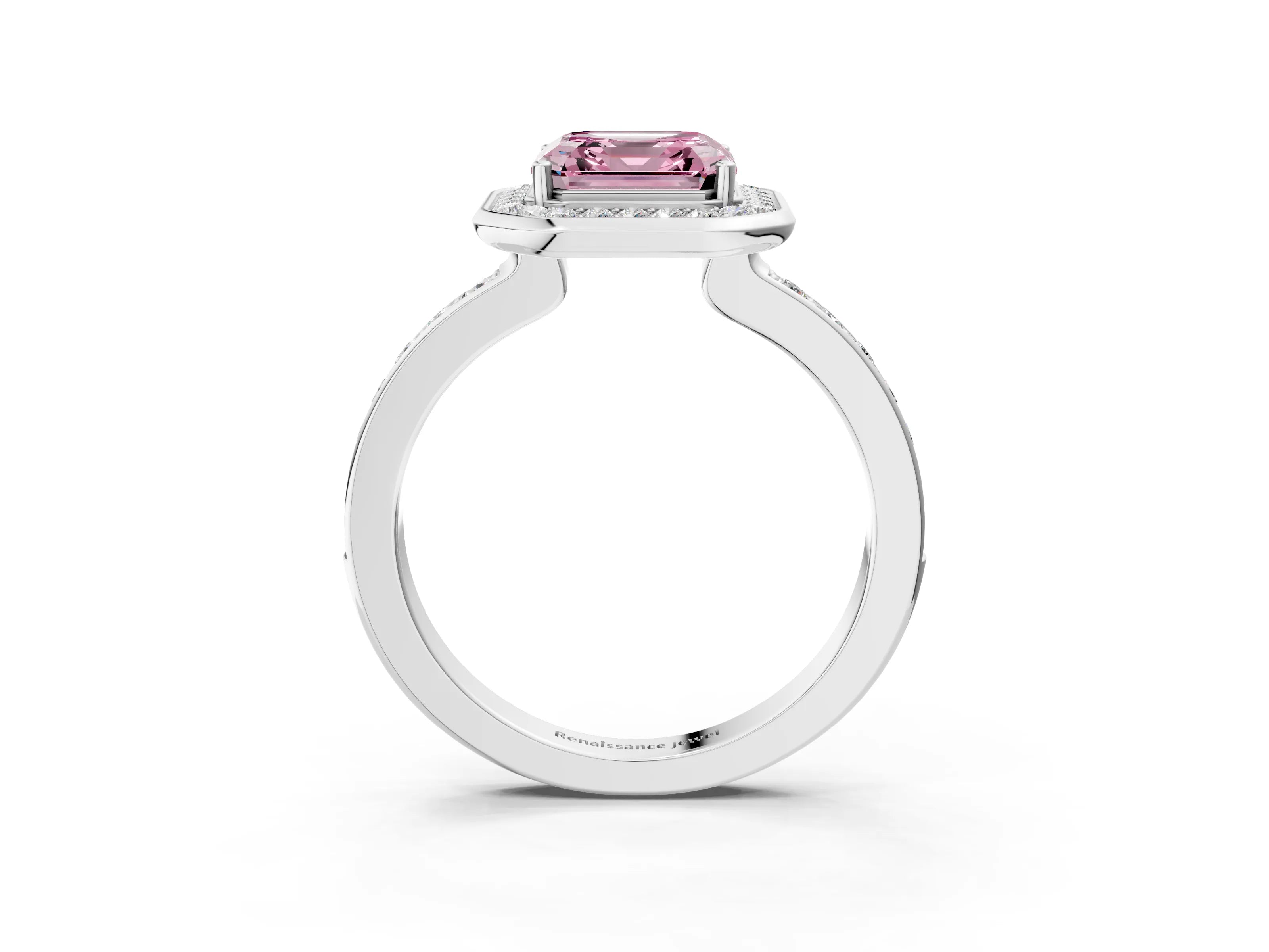 White gold Fancy Pink Asscher Cut Diamond Halo Ring with Bezel Frame and Pavé Band_3