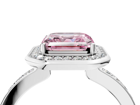 White gold Fancy Pink Asscher Cut Diamond Halo Ring with Bezel Frame and Pavé Band_4