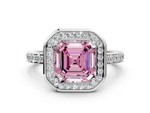 White gold Fancy Pink Asscher Cut Diamond Halo Ring with Bezel Frame and Pavé Band